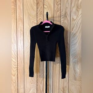 Black Ribbed Zip-Front Cropped Knit Top